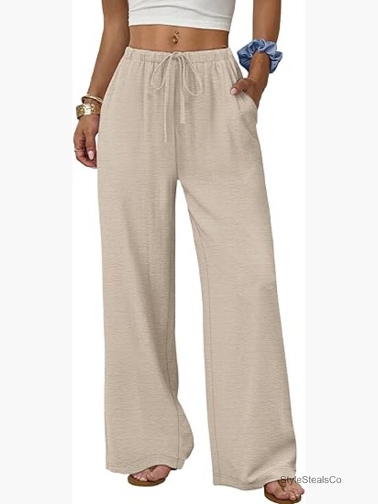 Pants - Wide Leg Palazzo Pants with Pockets Flowy Drawstring Elastic Waist Trousers